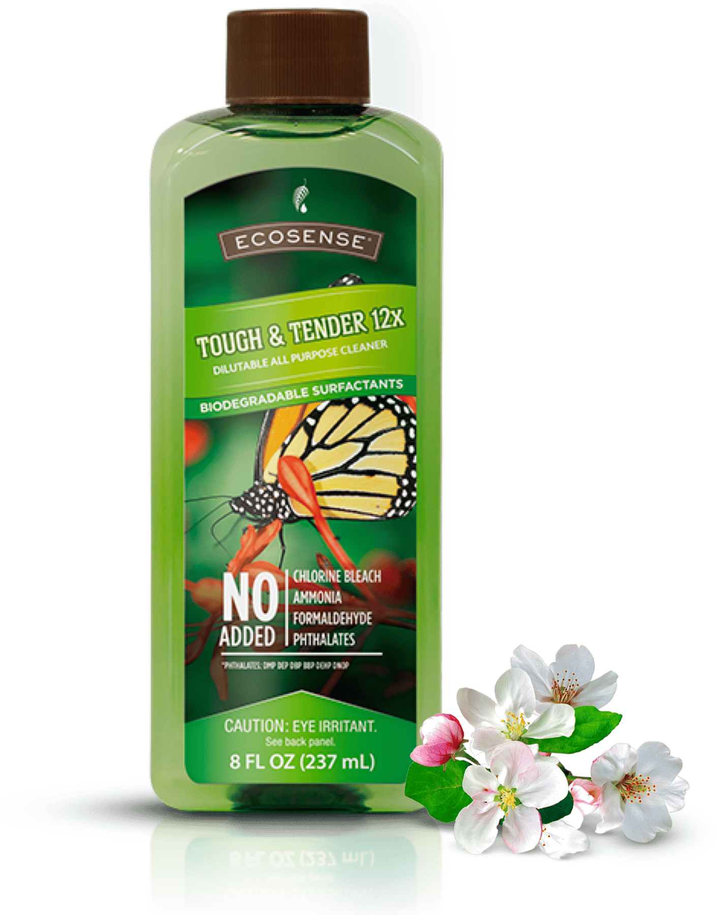 Green bottle of tough and tender with flower laying next to it